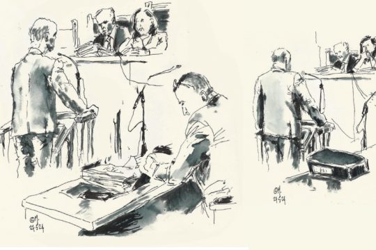 Σκίτσα του Παναγιώτη Μητσομπόνου από τη δίκη, με τους δύο κατηγορούμενους